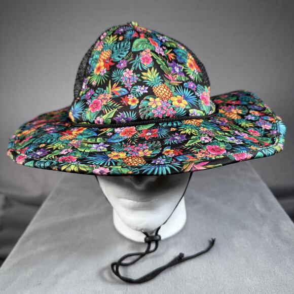 BRIMMZ Hat Sun Womens Medium Black Tropical Floral Wide Brim Boonie Chin Strap - Picture 1 of 10